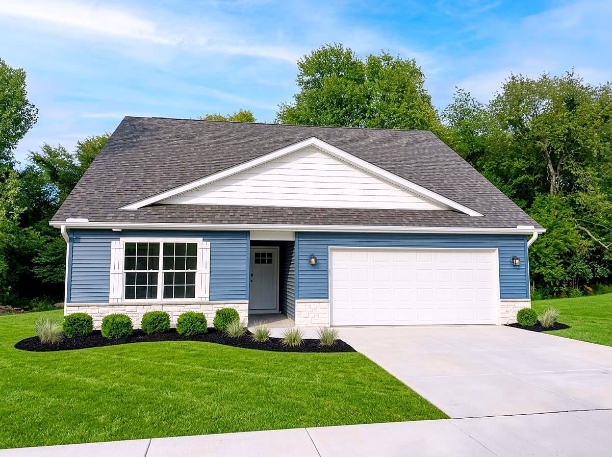 A finished blue craftsman on Fernway Road with a white garage door and a new lawn